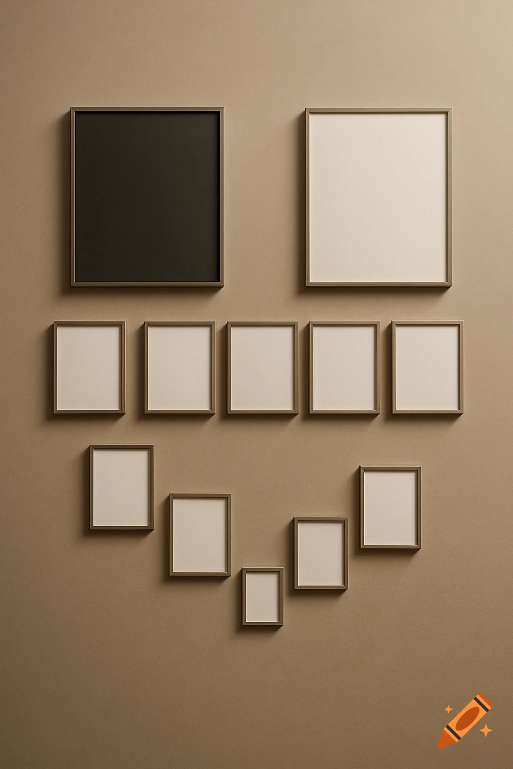 A brown wall decorated with a gallery of empty picture frames of various sizes, including two large frames at the top and multiple smaller ones arranged below.