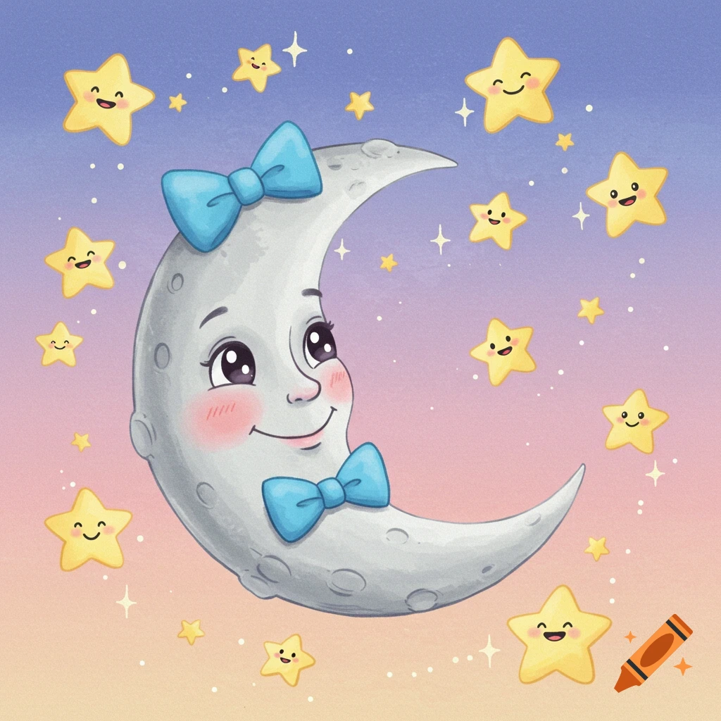 A happy cartoon moon with blue bows and rosy cheeks surrounded by smiling stars in a soft watercolor sky transitioning from day to night.