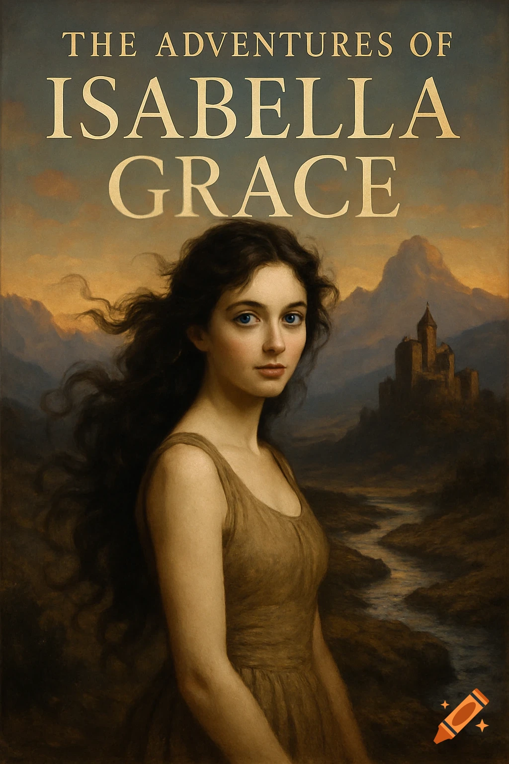 Painted book cover featuring a dark-haired woman, with mountains, a castle, and a river in the background. The title "THE ADVENTURES OF ISABELLA GRACE" is at the top.