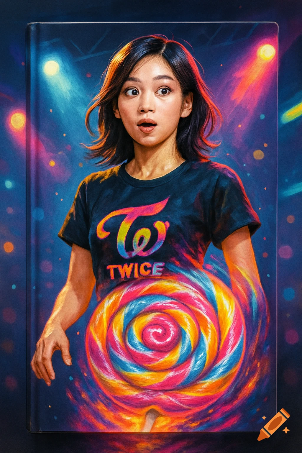 A k-pop idol wearing a Twice t-shirt transforming into a vibrant lollipop against a colorful, spotlighted background, in a painted style.