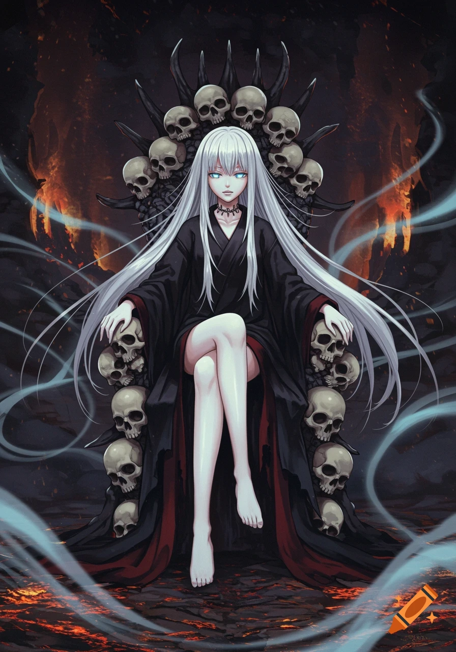 An anime girl with long white hair and glowing blue eyes sits on a throne made of skulls, set against a fiery, dark fantasy background with blue wisps.