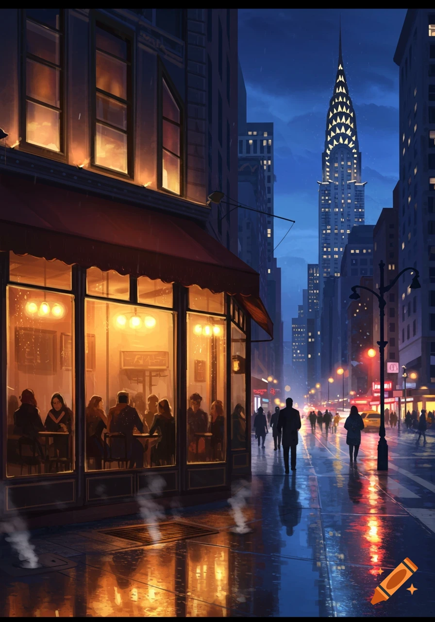 A romantic painting of a New York City street corner at night with a bustling cafe and people walking on the wet street, with the illuminated Chrysler Building in the background.