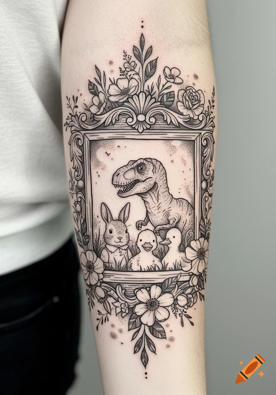 Black and grey forearm tattoo of a framed portrait featuring a T-Rex, bunny, and two ducklings surrounded by ornate floral designs.