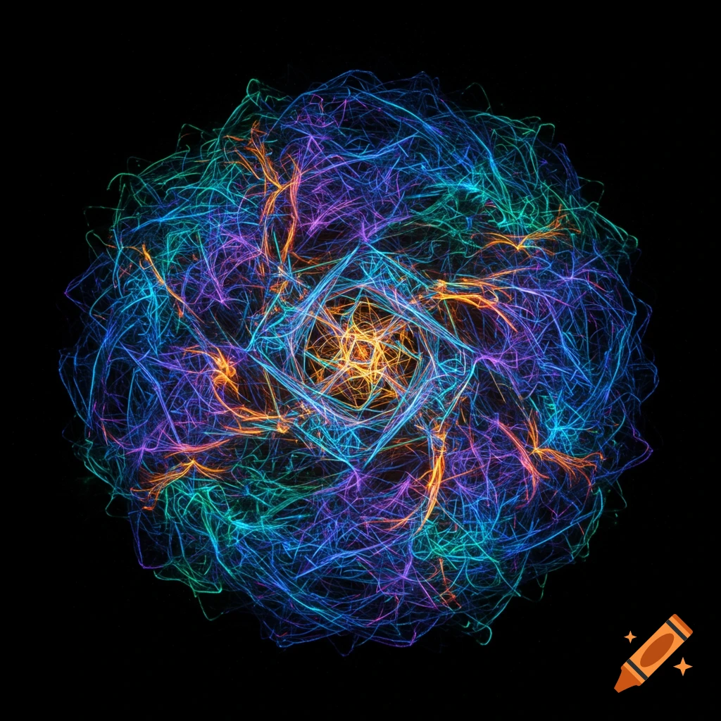 An intricate abstract fractal pattern with glowing lines of blue, teal, purple, and orange on a black background.