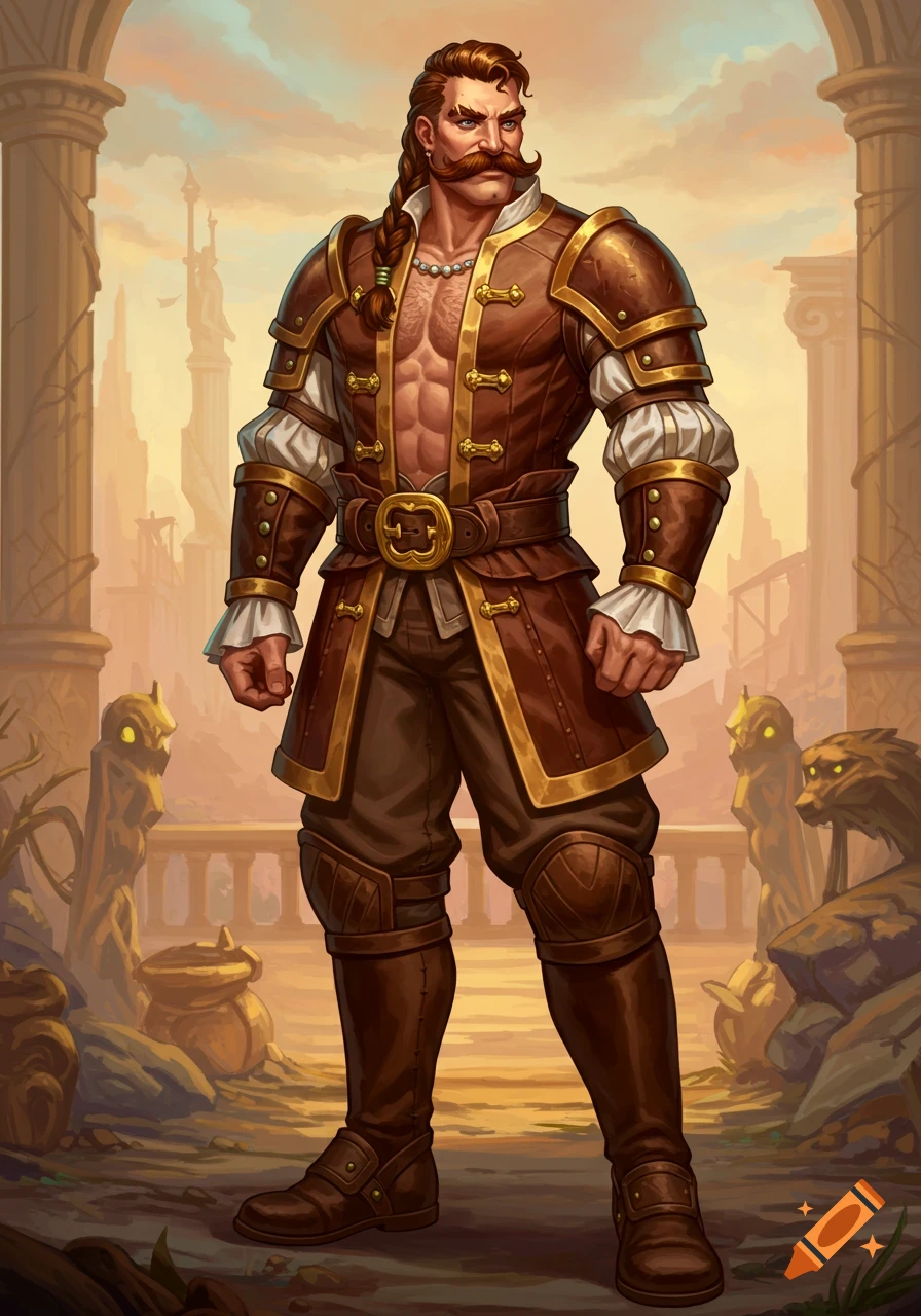A muscular fantasy barbarian with a braided ponytail and mustache, wearing leather armor, standing among ancient ruins.