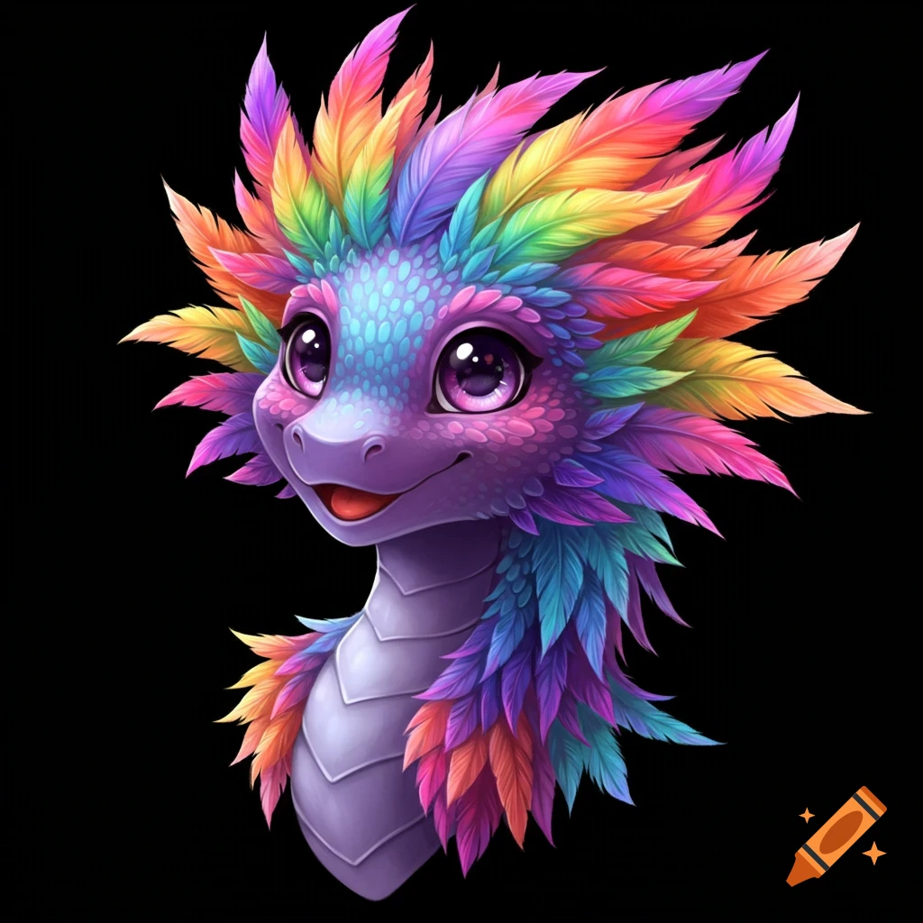 A cute, purple-scaled dragon with large, shiny eyes and a mane of rainbow-colored feathers on its head and neck, on a black background.