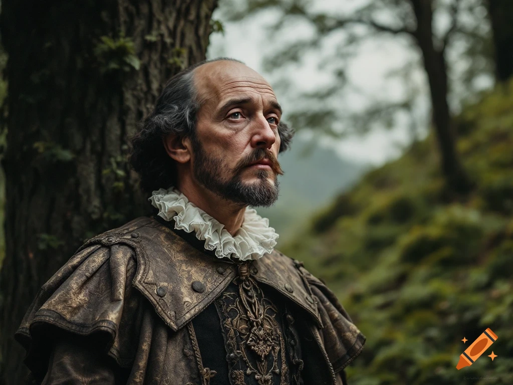 A man in historical ruffled attire with a beard stands by a tree in a misty forest, looking away.
