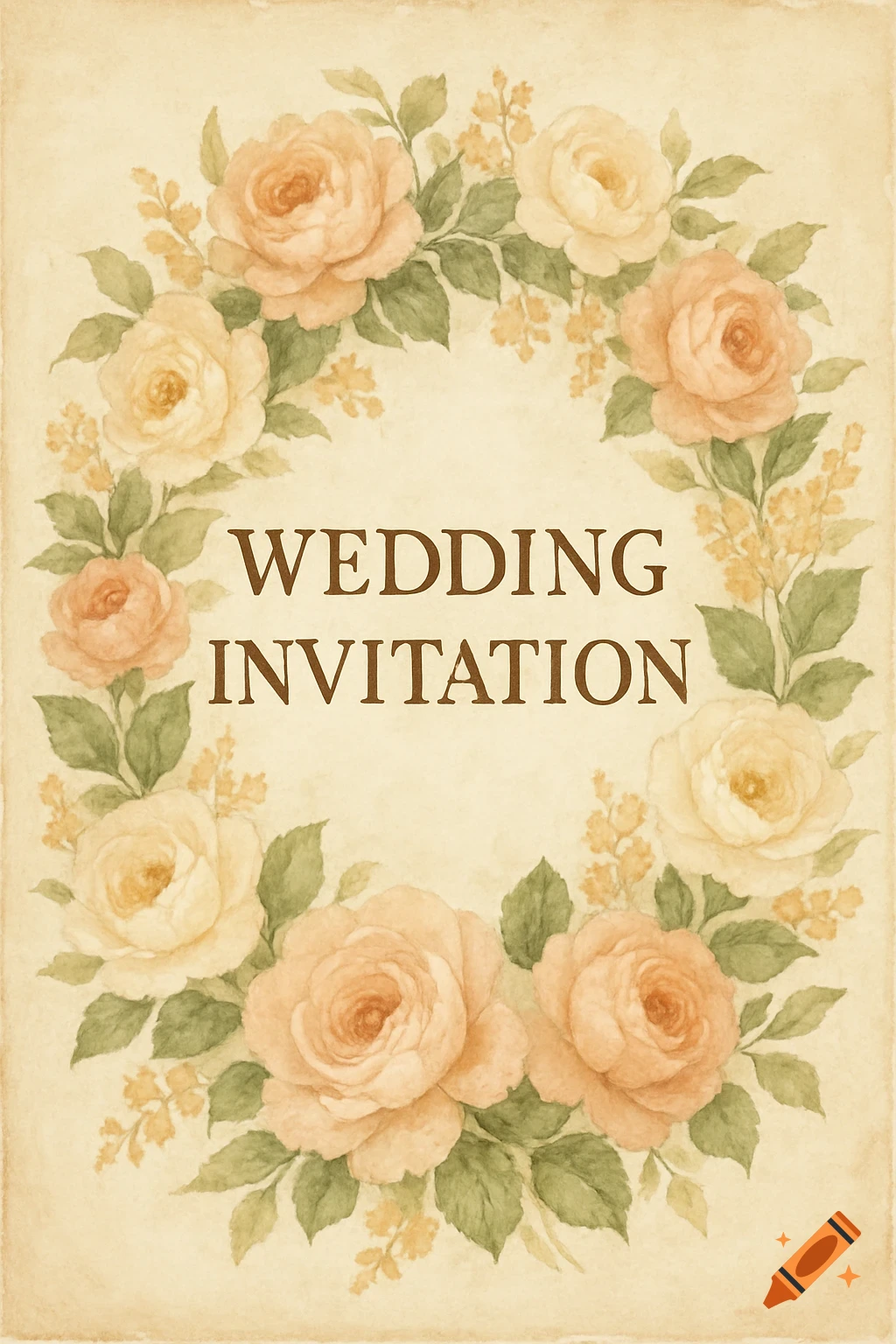 Vintage watercolor wedding invitation with a peach and cream floral wreath and the text 'WEDDING INVITATION'.