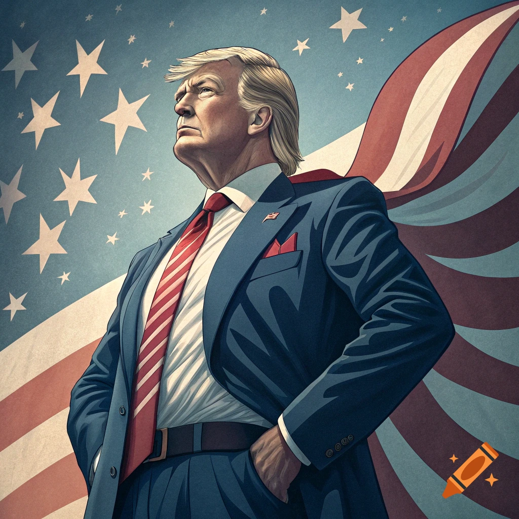 Heroic illustration of Donald Trump with an American flag as a cape against a starry patriotic background.