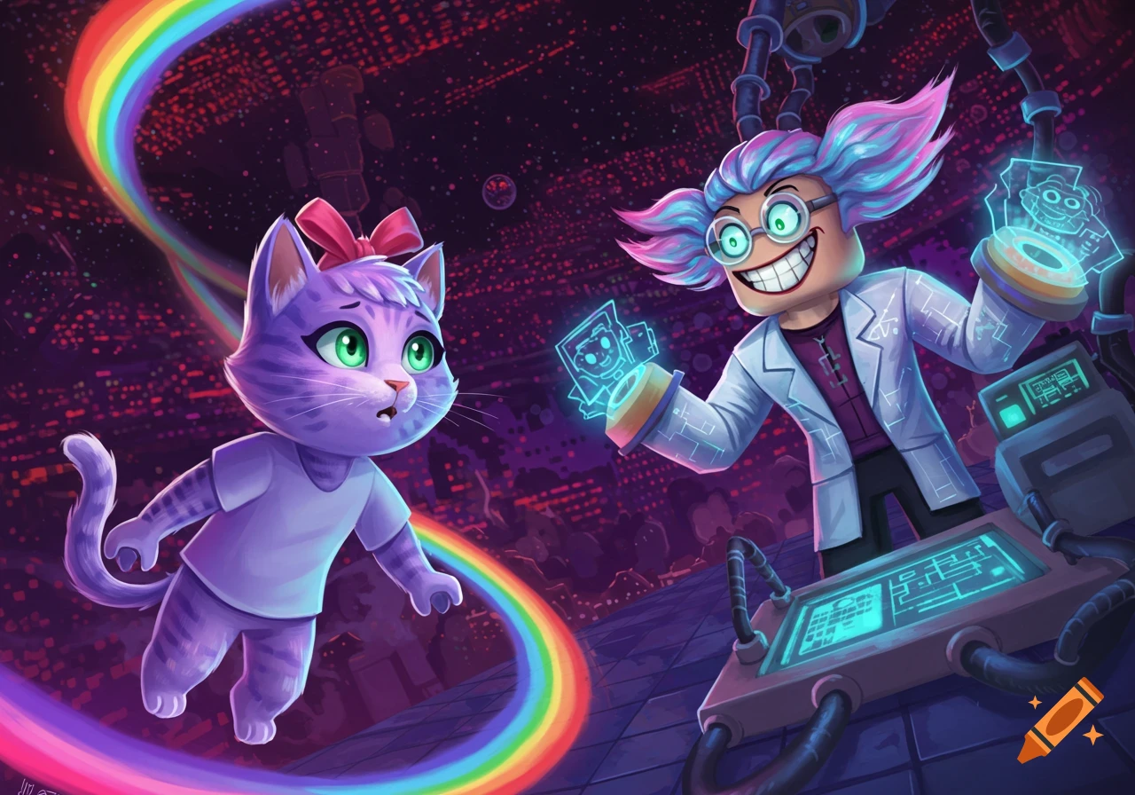 A cartoon purple cat on a rainbow arc looks at a grinning mad scientist in a dark, futuristic void with glowing city lights.