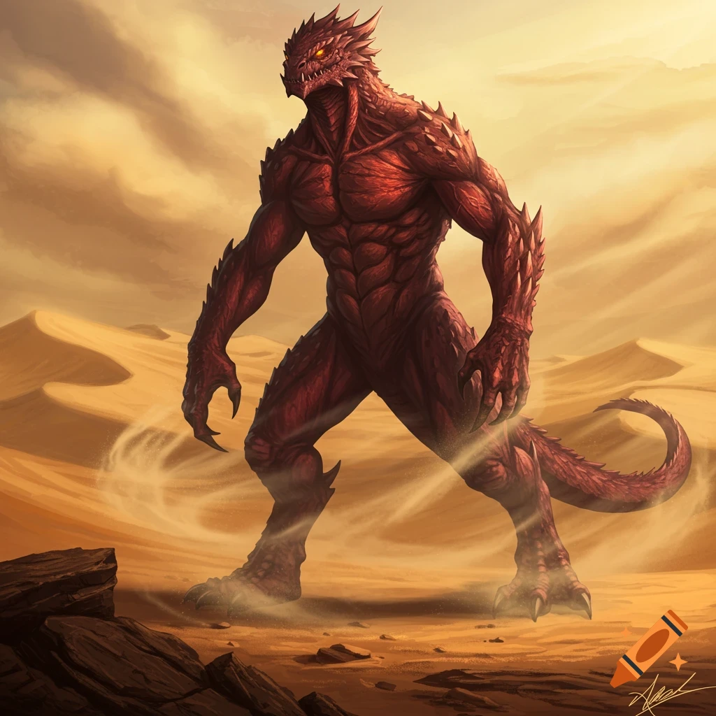 A muscular, red reptilian monster with glowing eyes stands powerfully in a sandy desert with dunes, depicted in a fantasy art style.