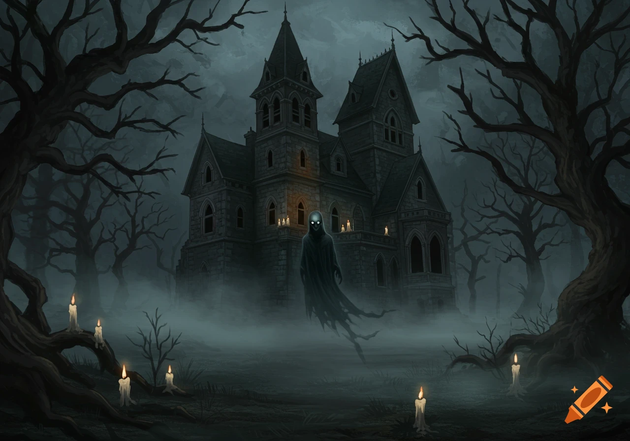 An eerie haunted mansion in a foggy, dark forest with bare trees and lit candles. A ghostly figure with glowing eyes floats in front.