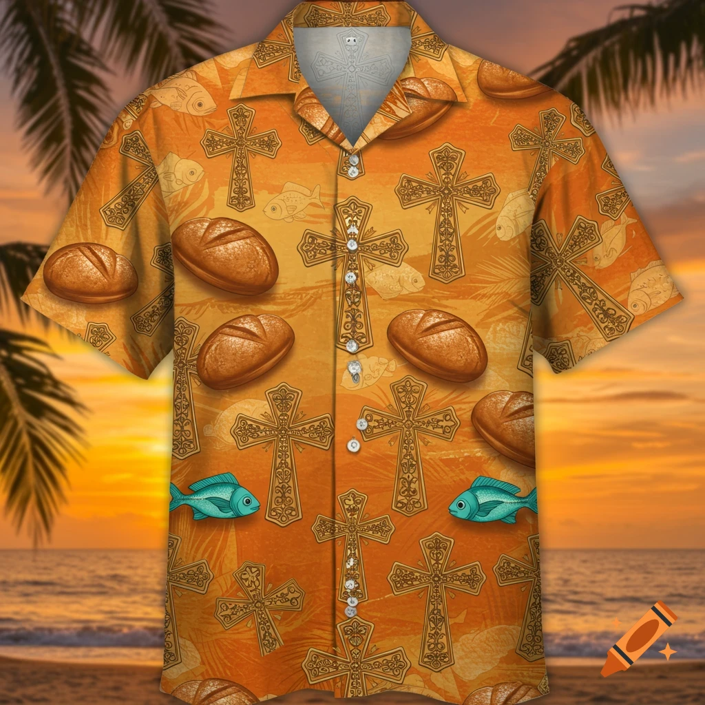 A Hawaiian shirt featuring a pattern of crosses, fish, and loaves of bread, set against a sunset beach with palm trees.