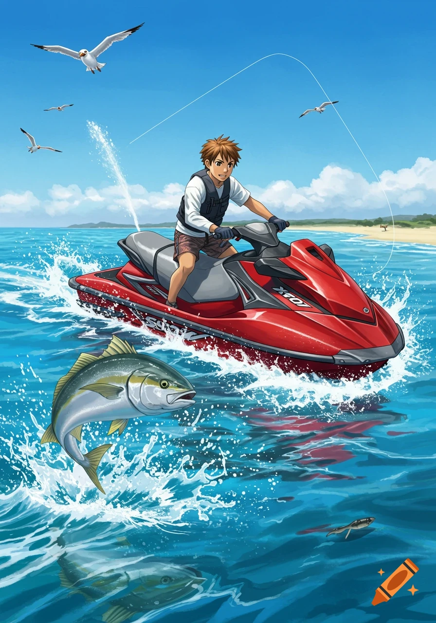 Animated illustration of a boy on a red jetski in the ocean, with a yellowtail fish jumping out of the water. Seagulls fly above.
