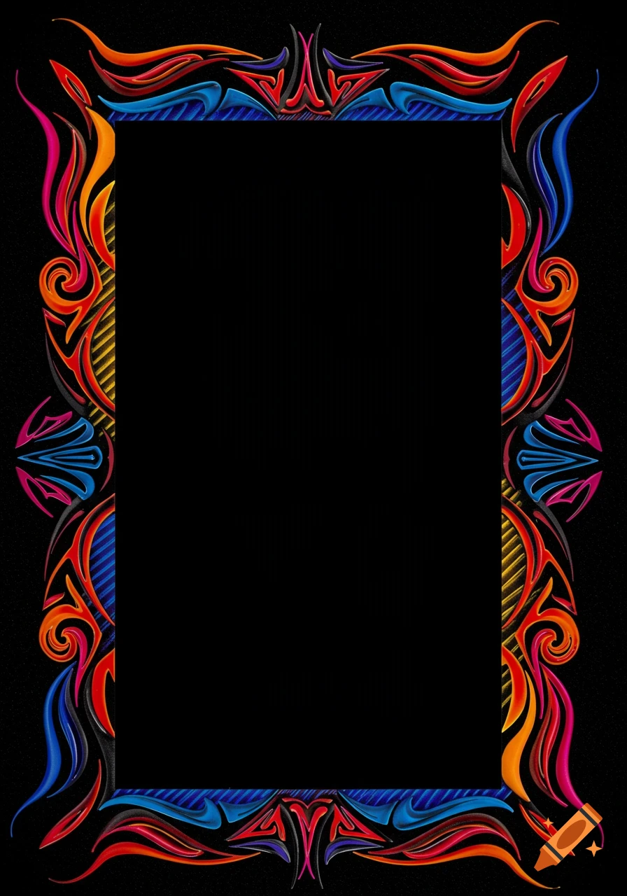 Vibrant psychedelic pinstripe frame in red, orange, blue, and pink around a black rectangular center.