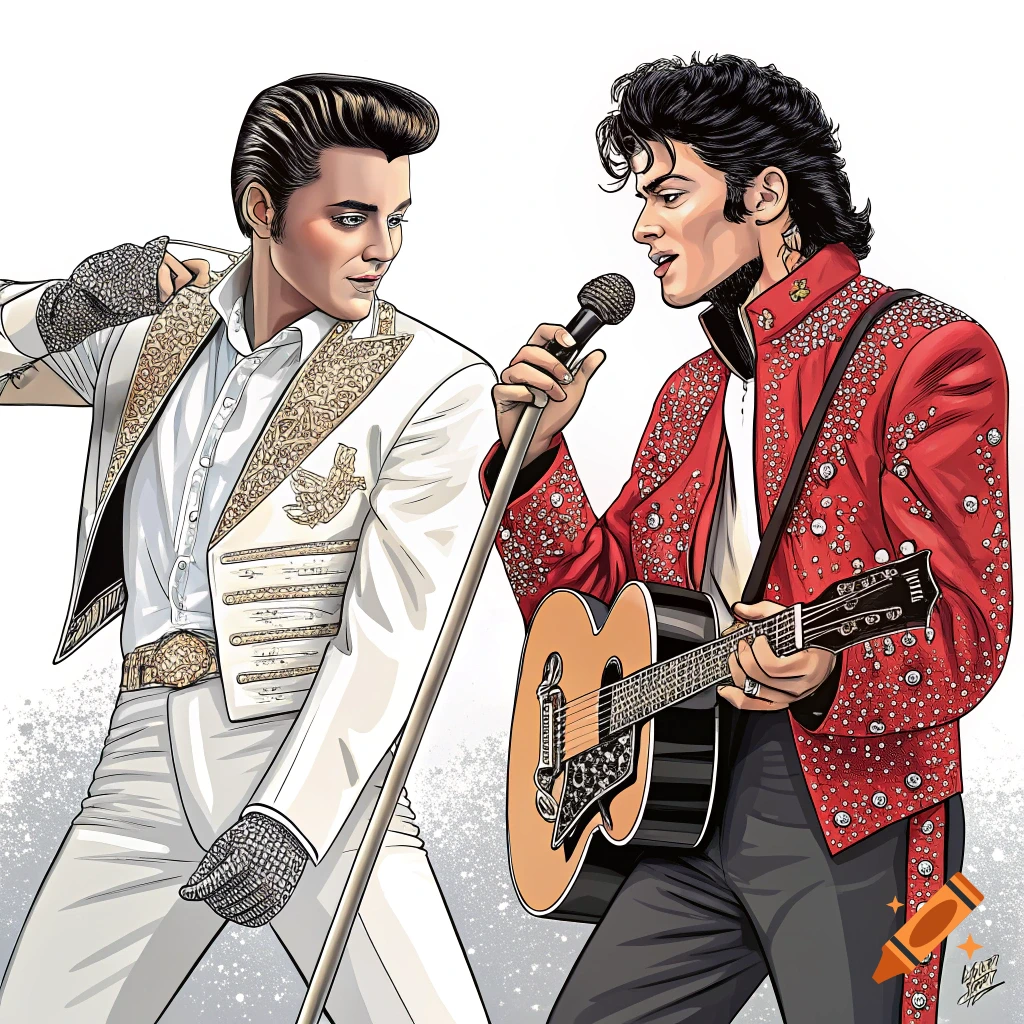 Stylized illustration of Elvis Presley in a white suit facing Michael Jackson in a red sequined jacket holding a microphone and playing a guitar.