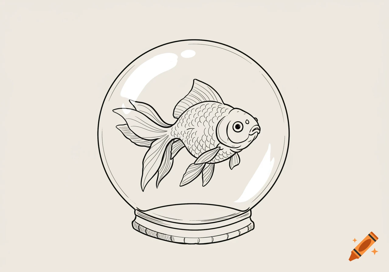 Line art sketch of a goldfish in a fishbowl.