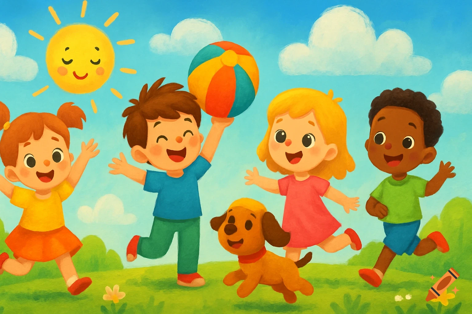 Happy cartoon children and a dog playing with a colorful ball in a sunny, green field under a blue sky.