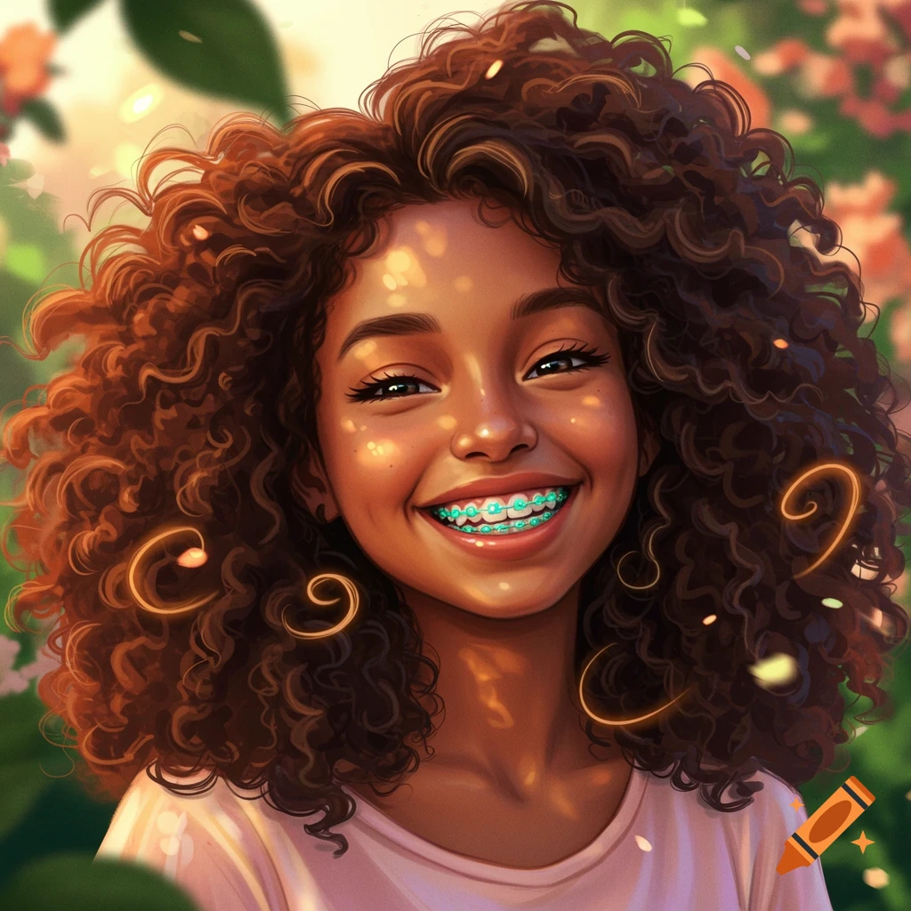 Stylized portrait of a smiling young girl with curly brown hair and turquoise braces, bathed in warm sunlight.