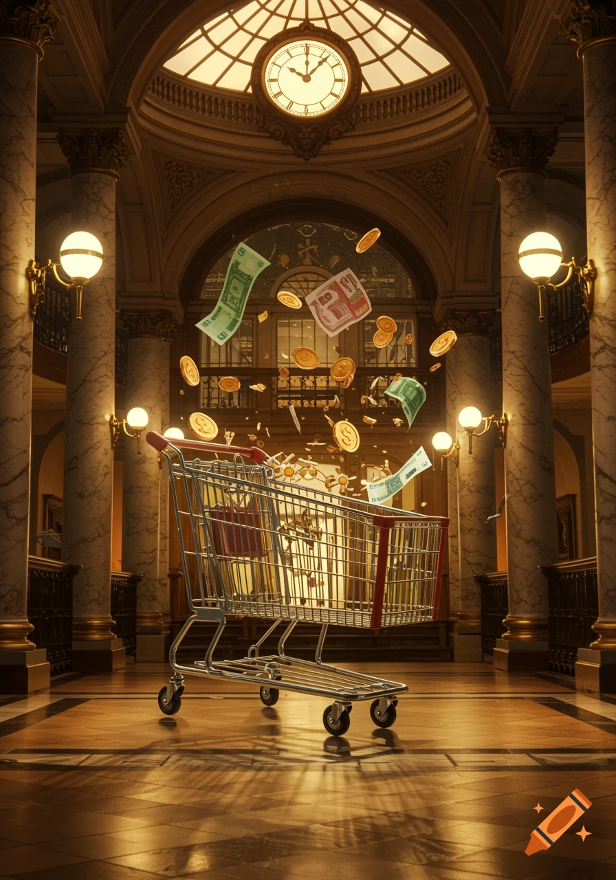 A shopping cart in a grand, ornate bank hall with golden light, surrounded by money and coins floating in the air.