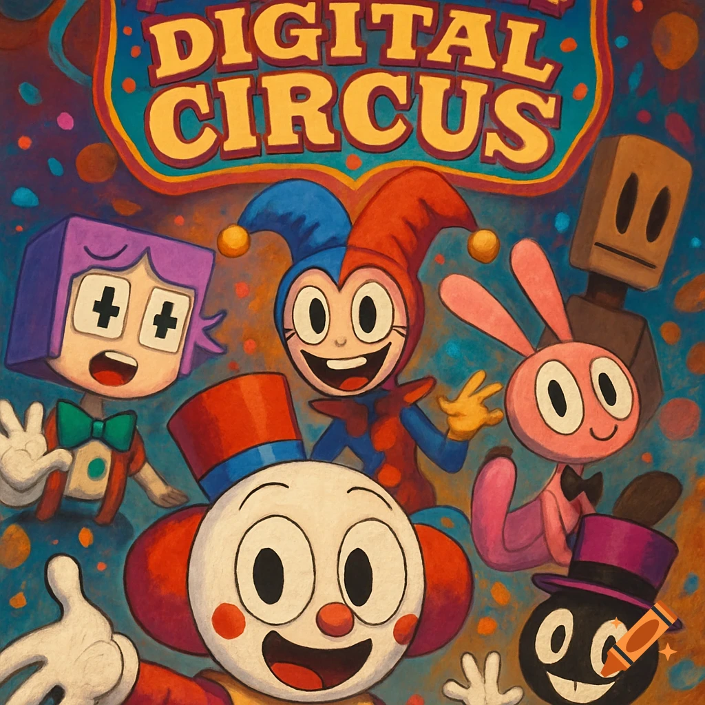 Multiple smiling cartoon characters, including a clown and a jester, on a colorful circus background with the title 'DIGITAL CIRCUS'.