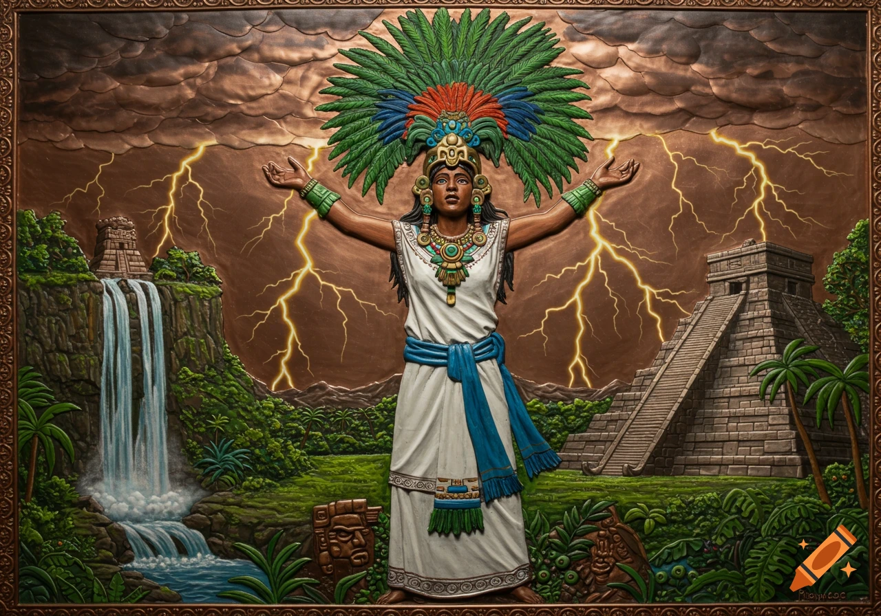 A vibrant bas-relief art piece of Ix Chel, a Mayan goddess, standing with arms outstretched amidst a stormy sky with lightning, flanked by a waterfall and a pyramid.
