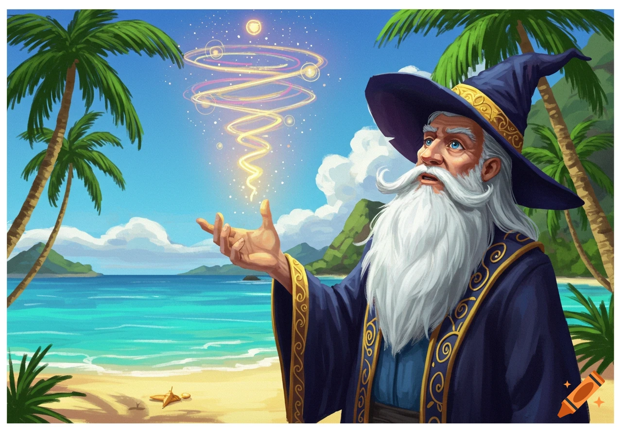 An illustration of a wizard with a long white beard and a blue hat casting a spell on a sunny tropical beach with palm trees and turquoise water.