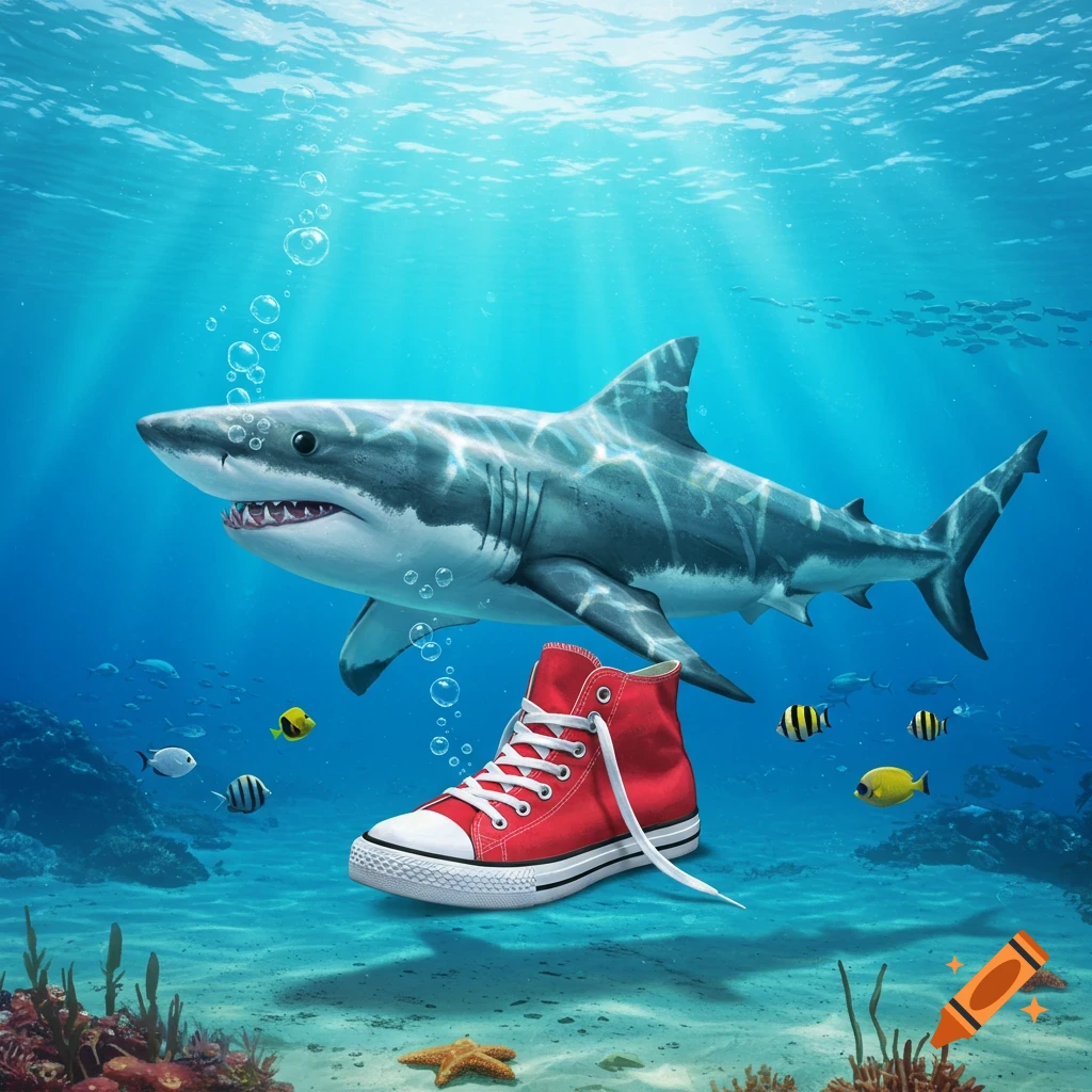 A great white shark swims next to a red high-top sneaker on the ocean floor, surrounded by small fish and coral.