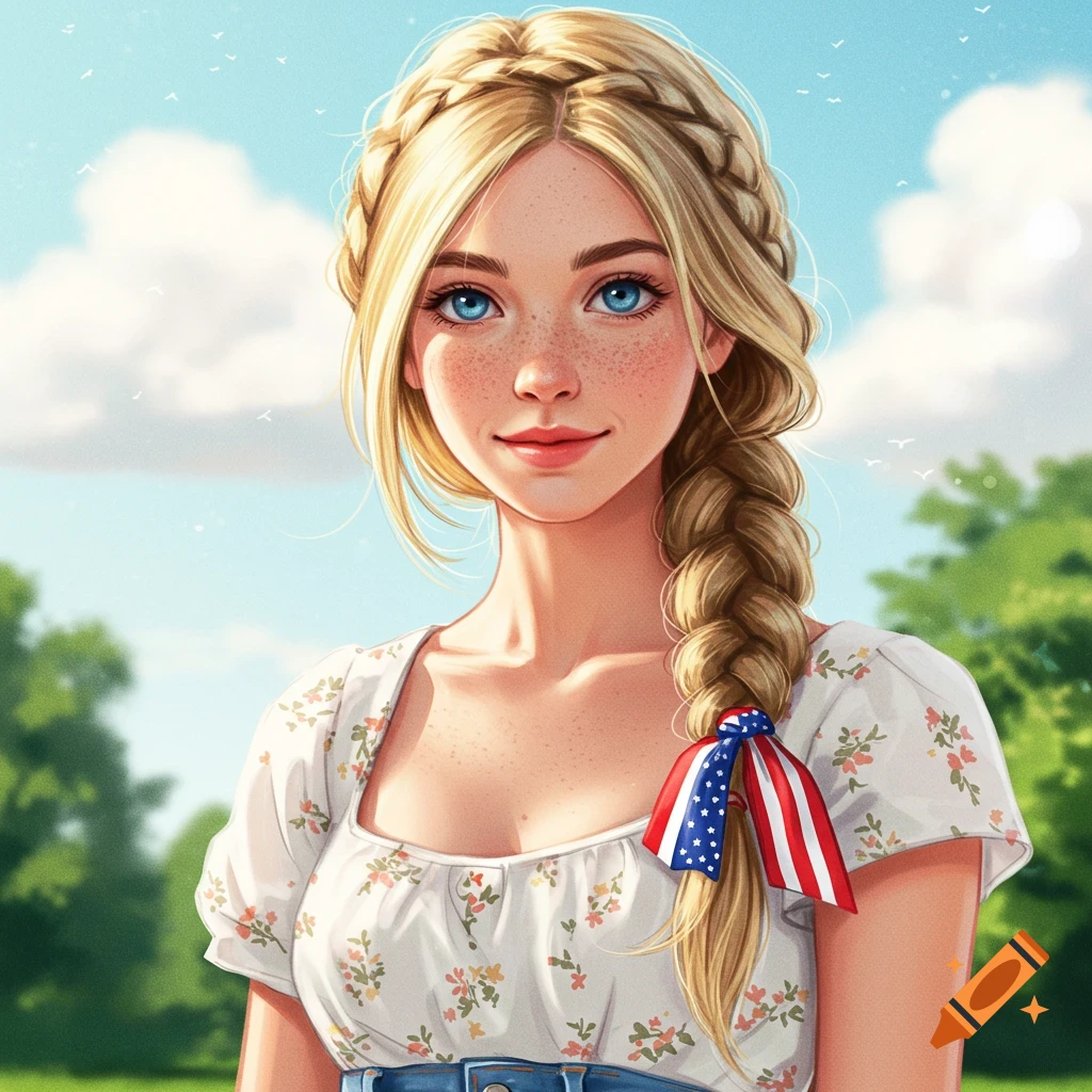 Stylized illustration of a young blonde woman with blue eyes, freckles, and braided hair tied with an American flag ribbon, smiling outdoors.