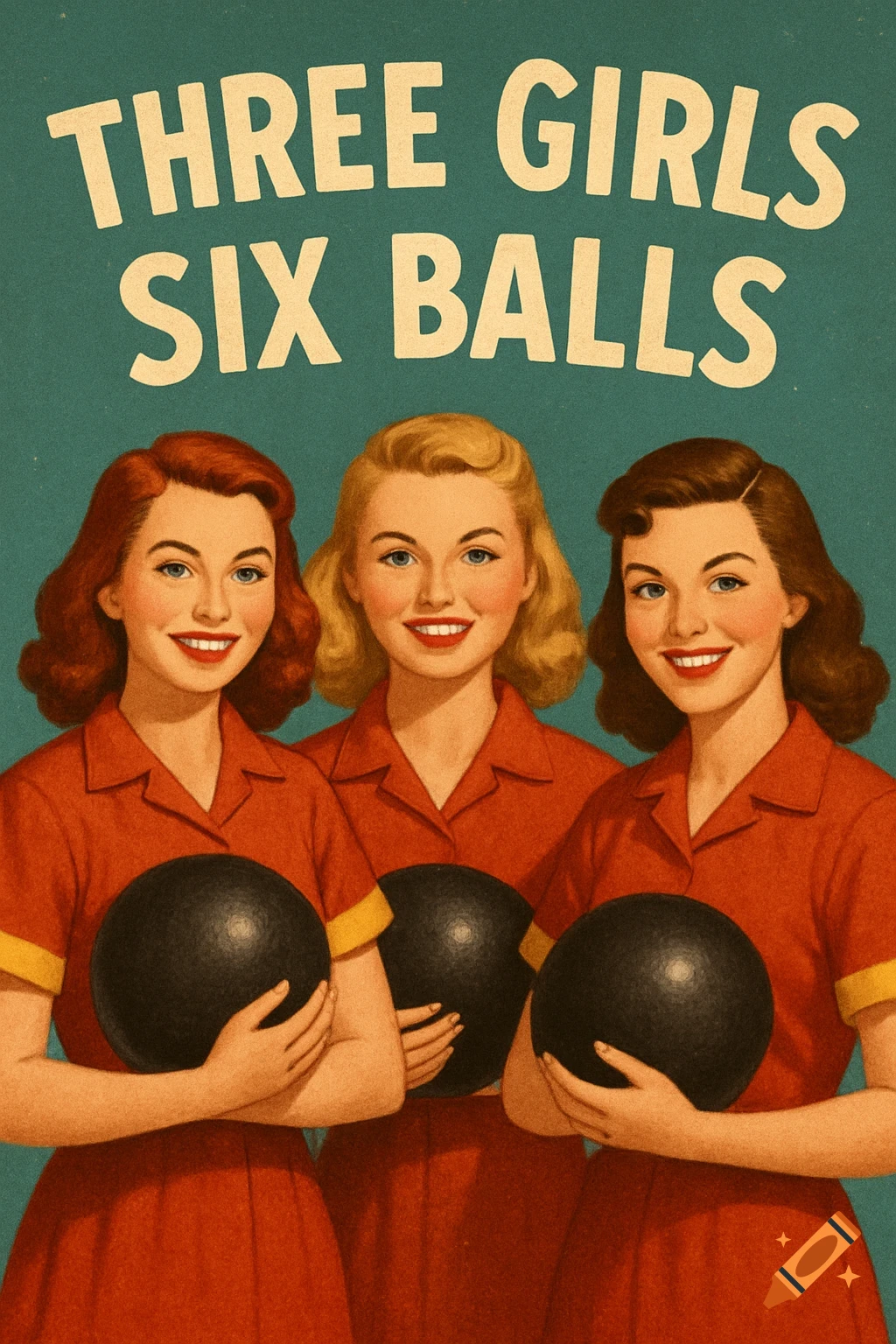 Three smiling women in vintage bowling shirts hold bowling balls with the text "Three Girls Six Balls" above them, in a retro poster style.