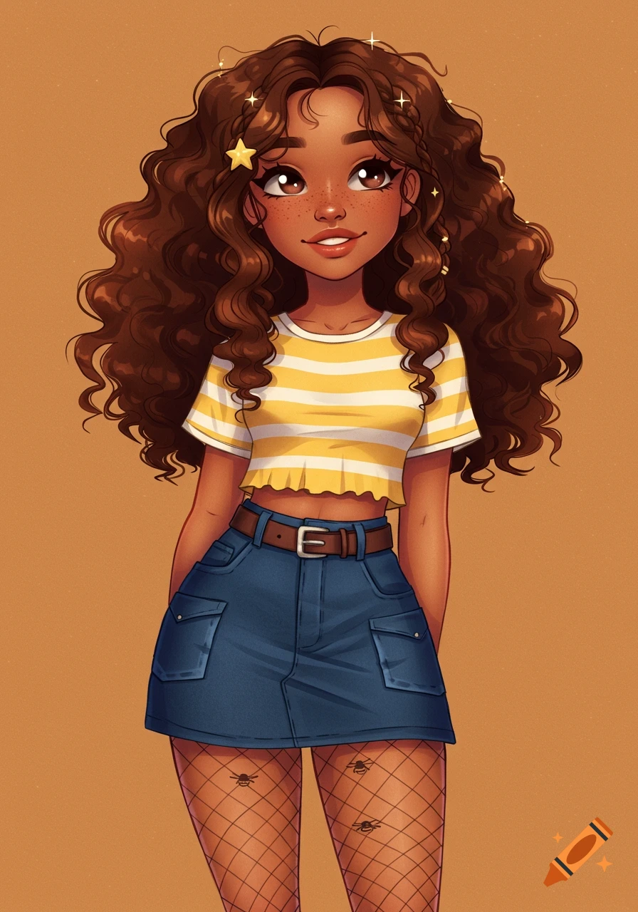 A smiling animated girl with brown curly hair, freckles, a yellow and white striped crop top, a denim mini-skirt, and fishnet stockings with small spider-like patterns.