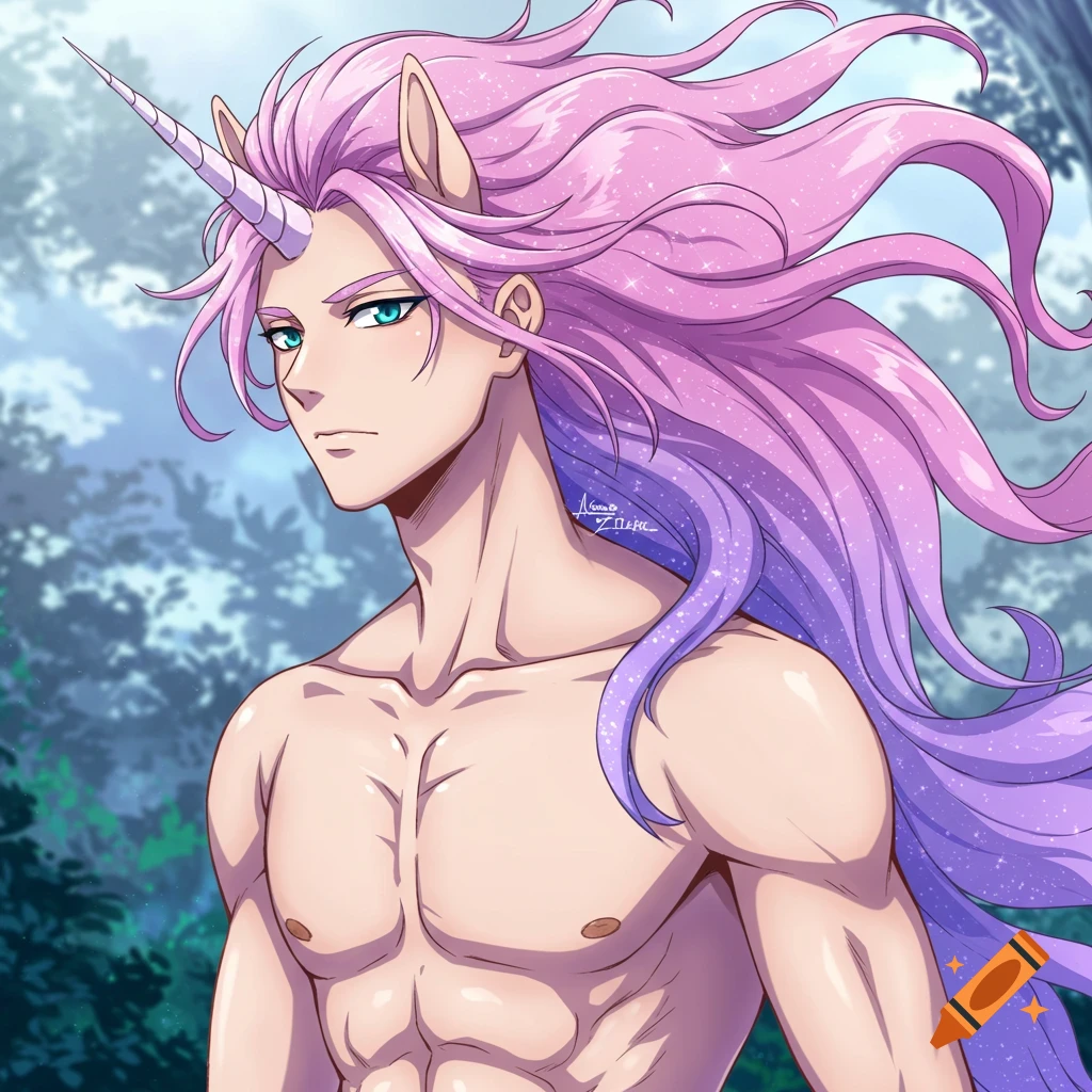 Anime style male unicorn with long pink and purple hair, green eyes, bare chest, in a forest setting.