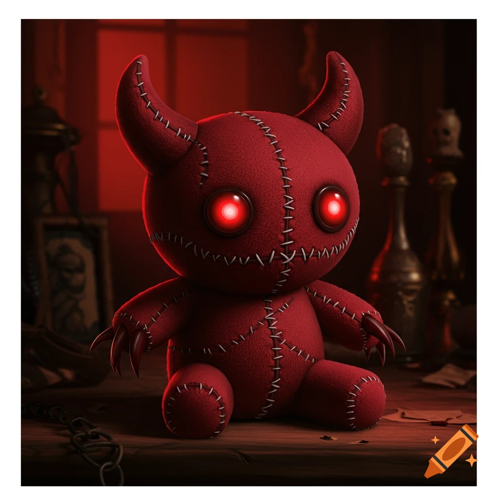A red demonic plushie with glowing red eyes and prominent stitching sits on a wooden table in a dimly lit, red-hued room.