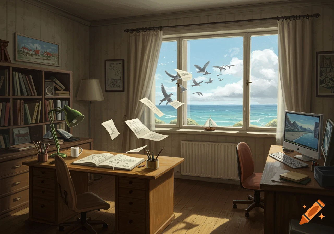 An illustrator's creative office with papers transforming into birds flying out a window over the sea.