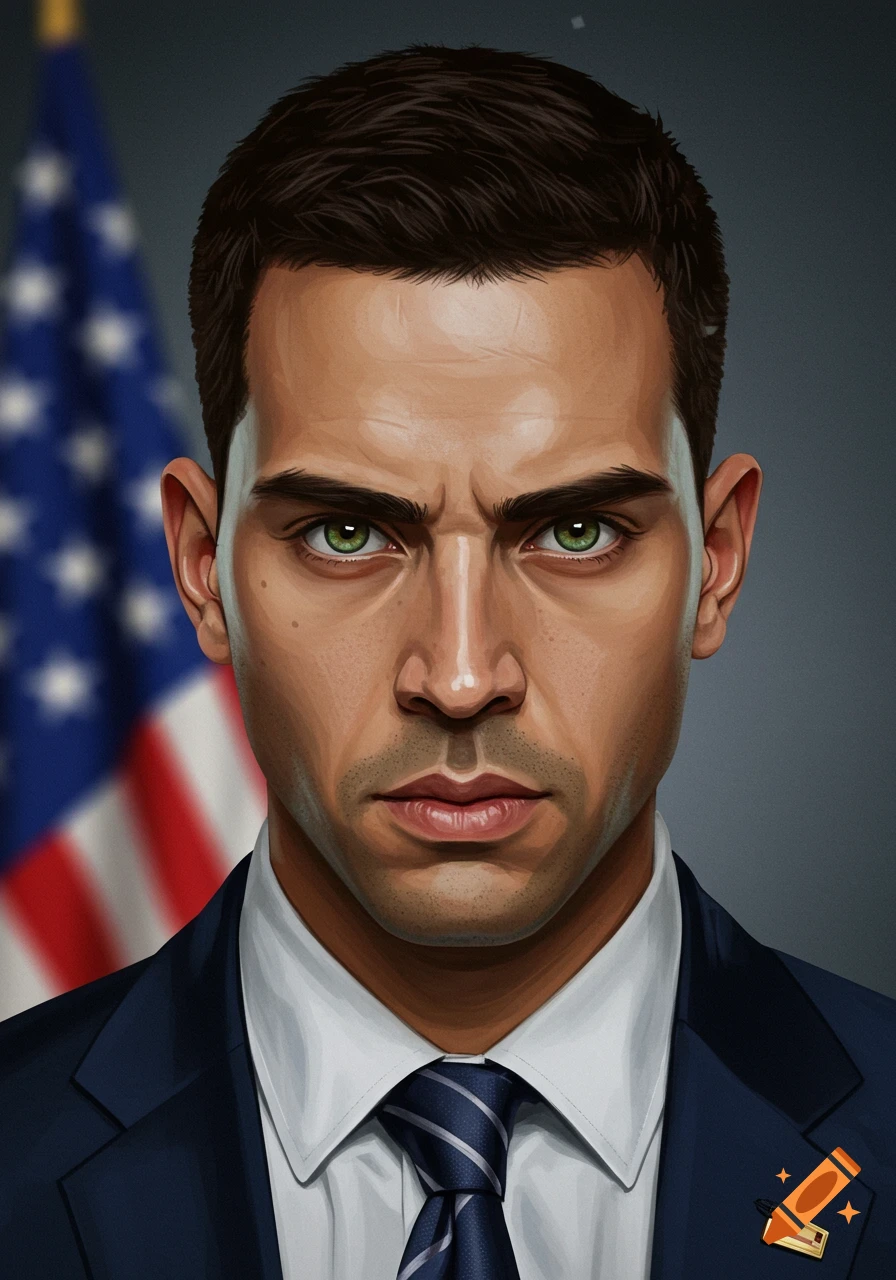A stylized digital portrait of a man with green eyes and dark hair, wearing a suit and tie, standing in front of a blurred American flag.