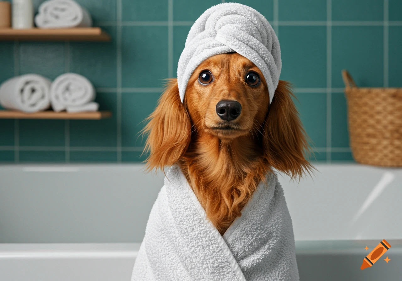 A cute long-haired Dachshund dog wrapped in a white bath towel and turban, sitting in a bathroom by a bathtub. Photorealistic style.