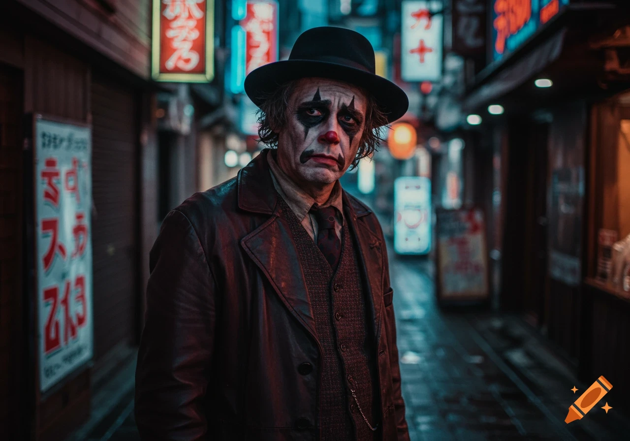 Photorealistic portrait of a sad clown in a black fedora and leather coat, standing in a dark Japanese alleyway with neon signs.