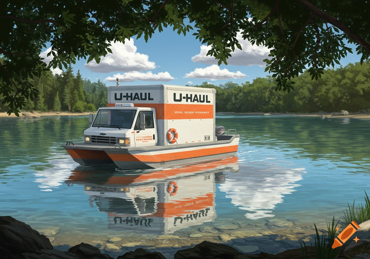An illustrated U-Haul moving truck, modified into a boat, floats on a clear blue lake surrounded by green trees under a bright sky.