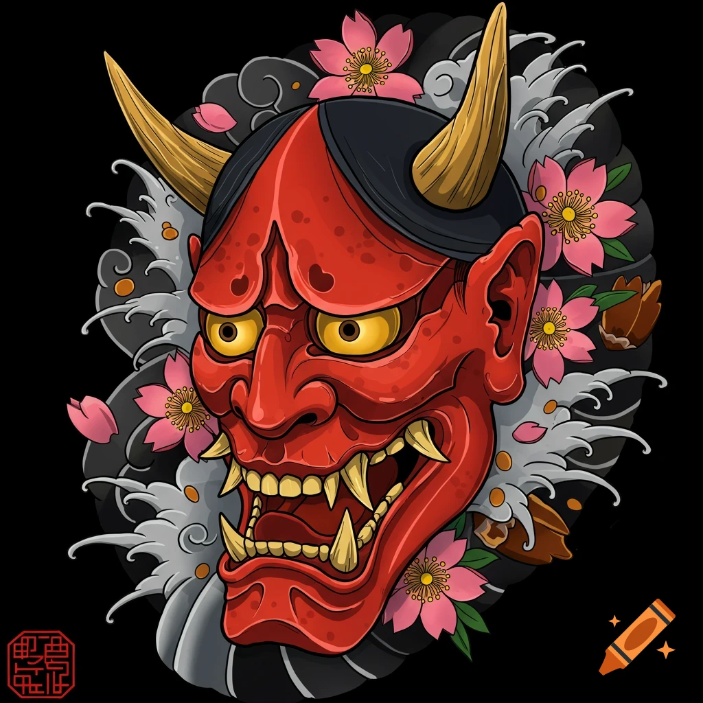 A vibrant red Japanese Hannya mask illustration with golden horns, sharp teeth, and yellow eyes, surrounded by pink cherry blossoms and grey waves on a black background.