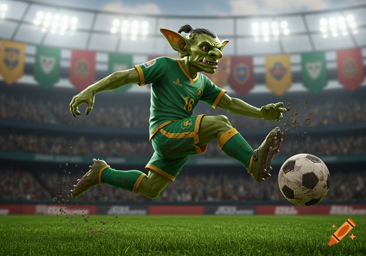 A green goblin in a soccer uniform kicks a soccer ball on a stadium field, with dirt spraying up from its foot.