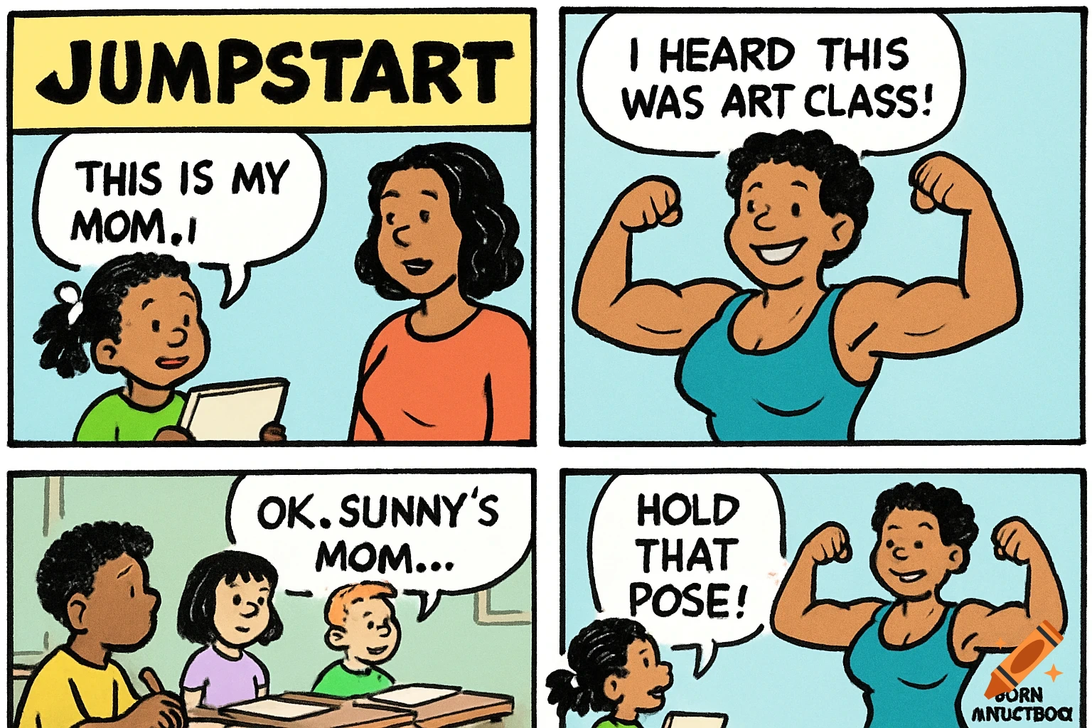 A four-panel cartoon comic strip shows a young girl introducing her strong, muscular mom flexing in an art class.