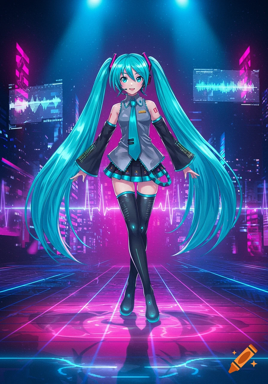Hatsune Miku in a futuristic, neon-lit city street with glowing sound wave graphics.