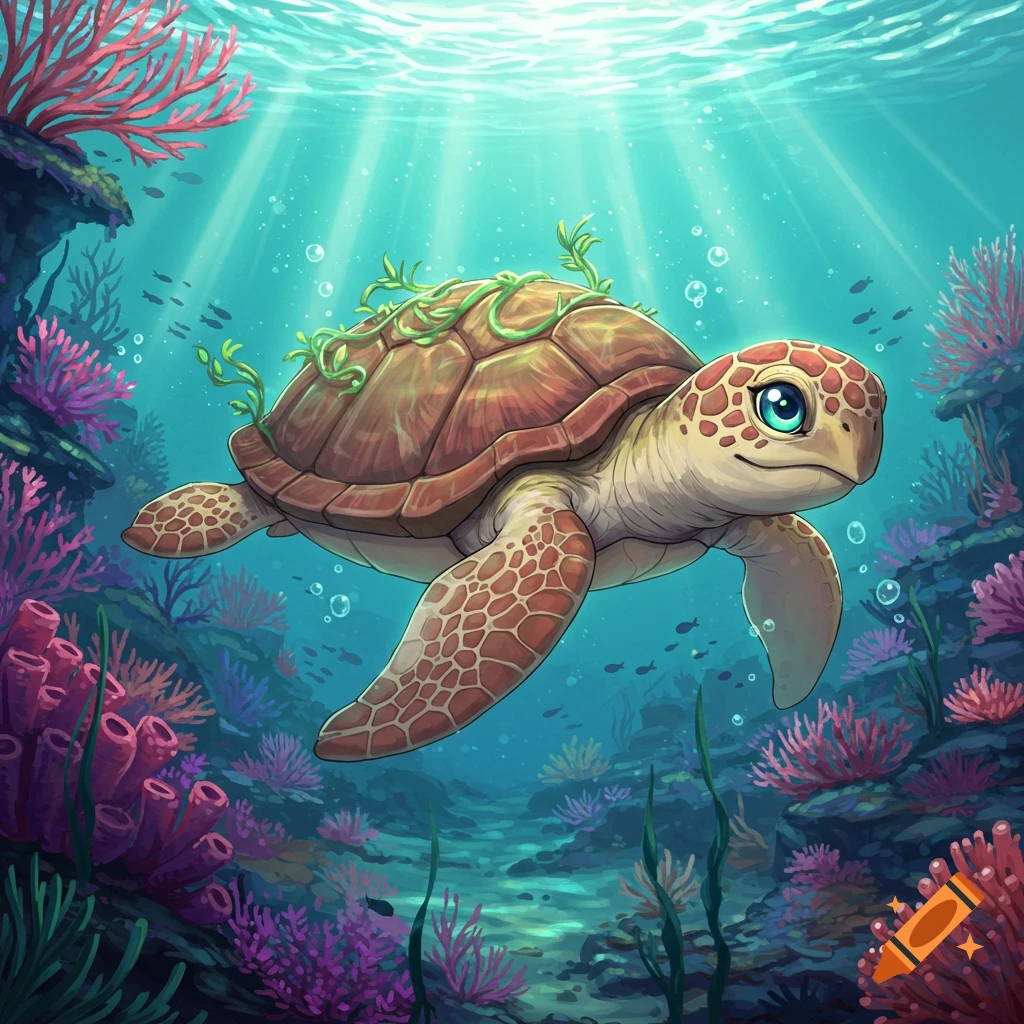 A cute, colorful anime-style sea turtle swims in a vibrant underwater coral reef, with rays of sunlight filtering from above.