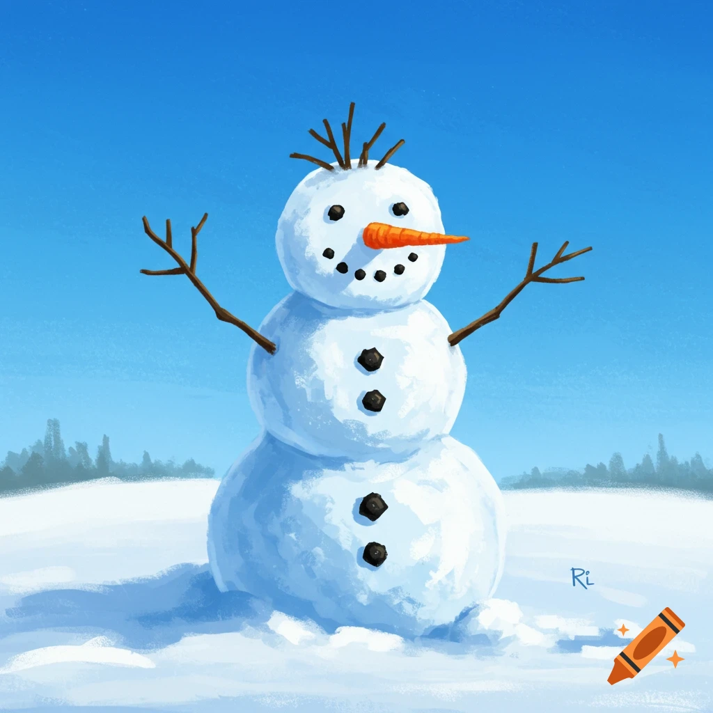 An illustration of a three-tiered snowman with stick arms and a carrot nose, standing in a snowy field under a clear blue sky.