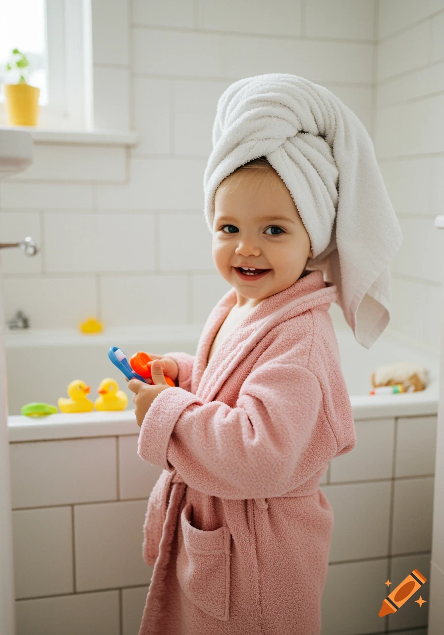 A smiling toddler in a pink robe with a white towel wrapped around her head, holding a toy in a bright bathroom with rubber ducks in the tub.