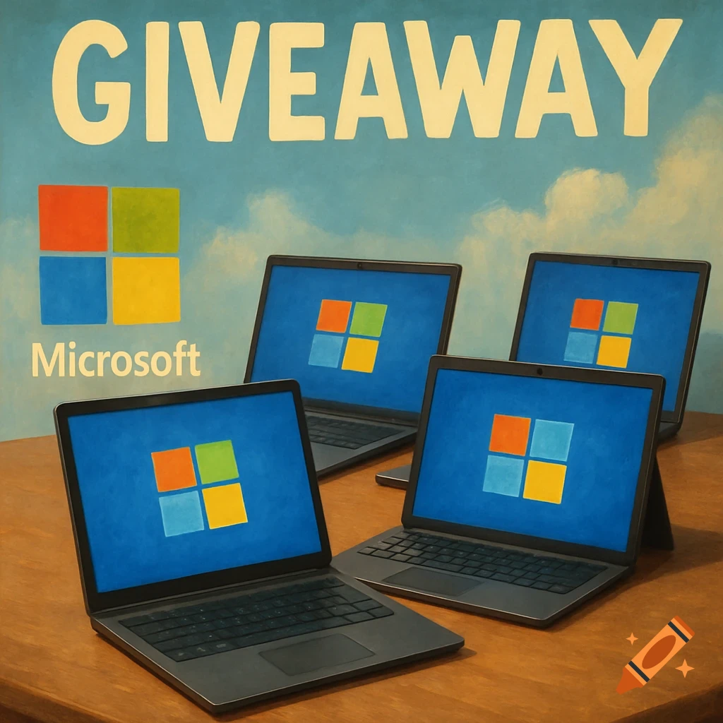 Laptops with Microsoft logos on their screens and a large 'GIVEAWAY' sign in the background, set on a wooden table.