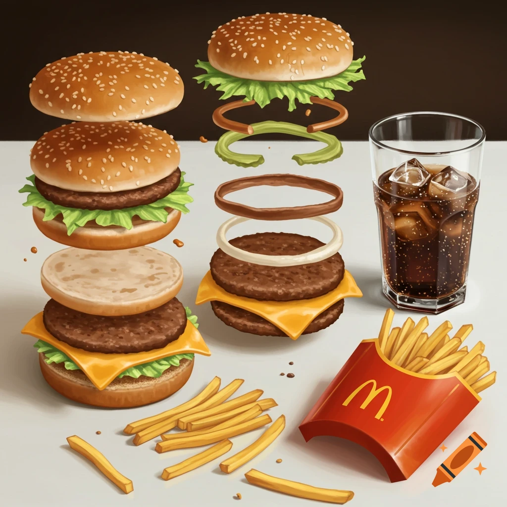 A deconstructed McDonald's Big Mac, with separate buns, patties, lettuce, cheese, onion rings, and pickles, alongside fries in a red McDonald's box and a glass of soda with ice.