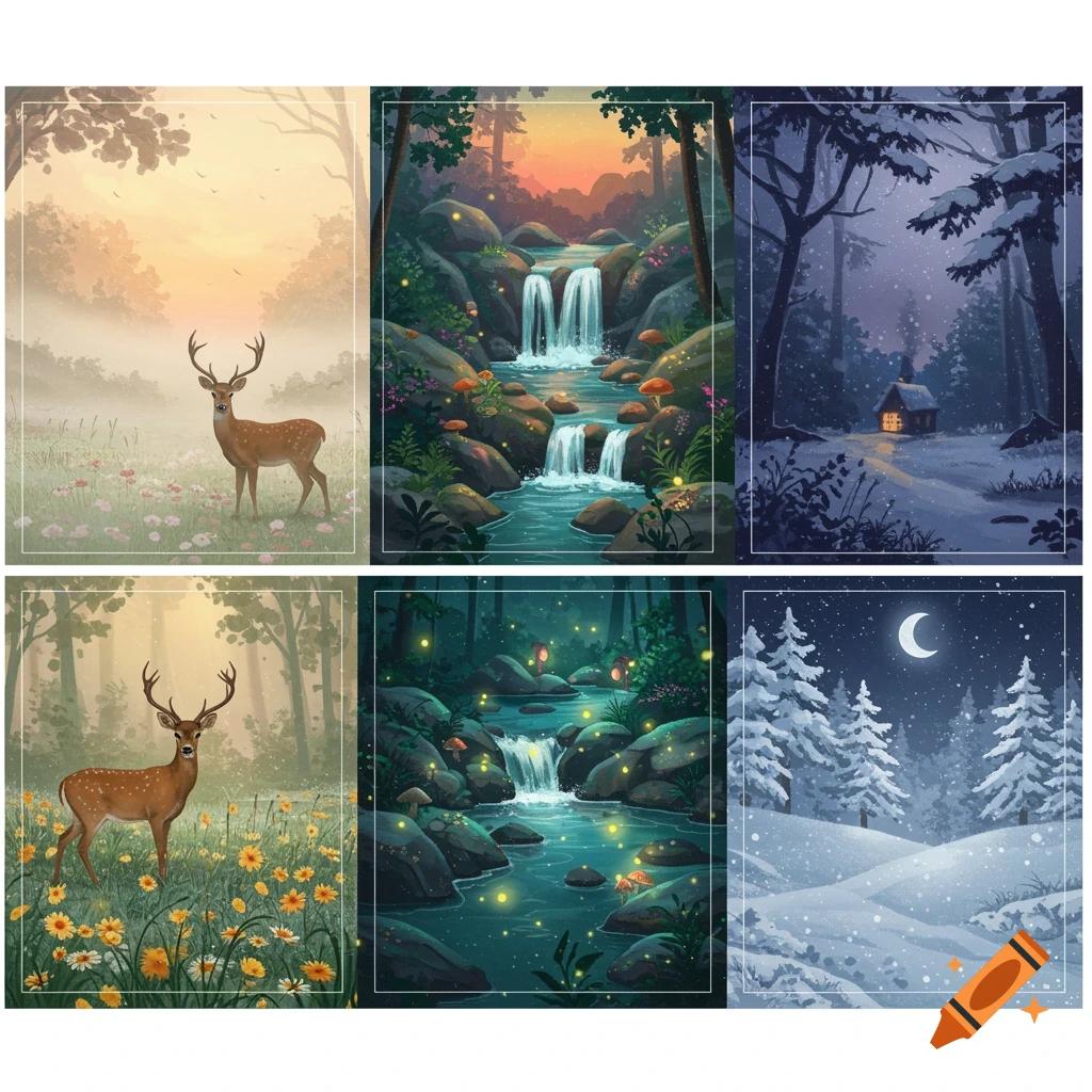 Six illustrated nature scenes in a grid, featuring deer in fields, a magical forest with waterfalls, and snowy landscapes with cabins and moon.