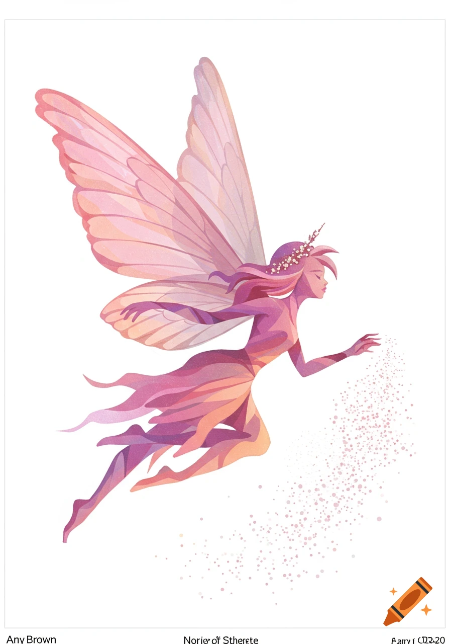 An abstract pastel illustration of a fairy with large translucent wings flying diagonally and sprinkling fairy dust on a white background.
