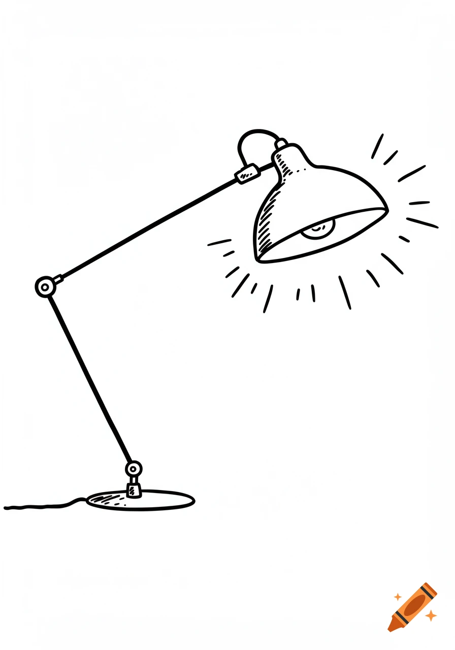 A simple black and white line drawing of a modern desk lamp with light rays emanating from its shade.